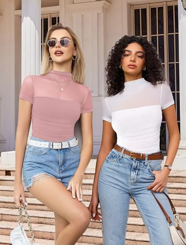 Image of Avidlove Women's Short Sleeve Bodysuit Turtle Neck Body Suits Mesh One Piece Leotard Going Out Tops Date Outfits