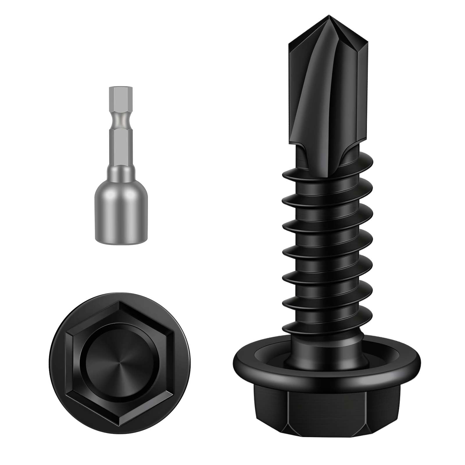 MewuDecor #14 x 3/4" (3/4" to 4" Available) Hex Washer Head Self Drilling Sheet Metal Screws with Drill Point, Stainless Steel 410, Black Oxide, 50