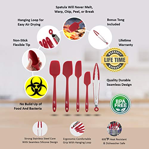 Kaluns Spatula, Silicone Spatula, 4 Rubber Spatulas and One Kitchen Tongs, Heat Resistant Spatula Set, Nonstick Seamless Design with Stainless Steel Core, Kitchen ToolS