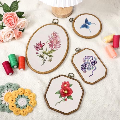 Image of simarro 9 Pcs Large Embroidery Hoop Embroidery Frame Set , 4 Shape Decorative Imitated Wood Cross Stitch Hoop for Art Craft Sewing Circle Oval Octagonal Embroidery Hoops
