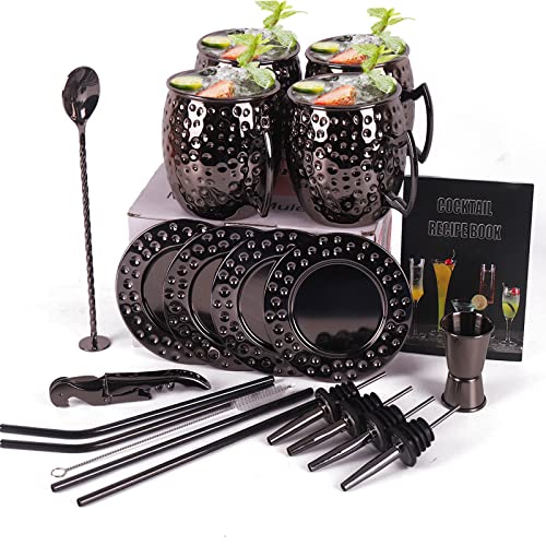 RERXN 4er Set Moskauer Mule Becher,Cocktailgläser Geschenkset mit Untersetzer, Cocktail Strohhalmen, Löffel, Reinigungsbürste, Weinkorkenzieher und Weinzubehör (Black) Cover