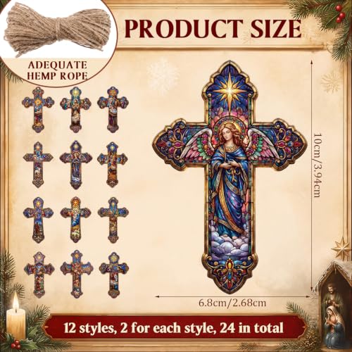 Image of Vercraft 24 Pcs Wooden Cross for Christmas Ornaments, 3D Nativity Scene Hanging Decorations, Religious Christian Xmas Tree Ornament Set, Scripture Engraved Jesus Birth Manger Decor for Home Holiday