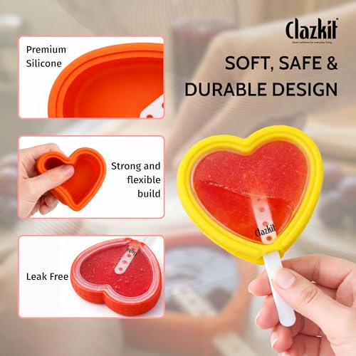Image of Clazkit Ice Candy Maker | Silicone Popsicle Molds Ice Pop Makers Reusable Ice Lolly Cream Mold Home-Made Heart Shape Easy Release Popsicles Mould Lid with Stick. (4Psc Multicolor)