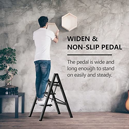 GameGem 3 Step Ladder Portable Folding Step Stool with Anti-Slip Pedal, Lightweight for Women Multi-Use for Home and Kitchen, Saving Space, Black, 330lbs
