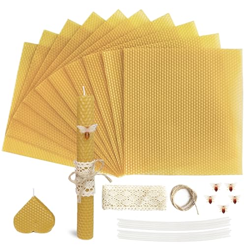 Lacaser Beeswax Candle Making Kit 10pcs 8x 8 100% Beeswax Sheets for Candle Making -Include Bee Ornaments Lace Cotton Wicks & Hemp Rope DIY Candles Making Supplies