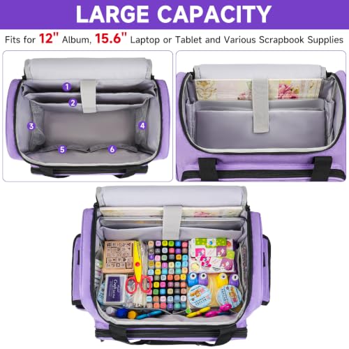 Image of Craft Bag for Scrapbook Supplies, Large Scrapbook Tote with 15.6'' Laptop Sleeve, Art Supply Storage Bag with Multiple Pockets for Scrapbooking Tools, Purple