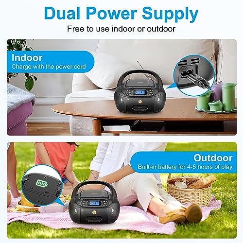 Hernido Portable Boombox with CD Cassette Player Combo, FM Radio, Rechargeable CD/Tape Player, Built-in Stereo Speakers Super Bass, Audio for Home Support AUX-In, USB Playback, Headphone Jack Output - Image 4