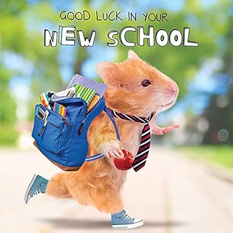 Tracks Publishing Boys/Girls 'Good Luck in Your New School' Card - Cute Hamster Wearing a Tie with Backpack and Apple - For Him/Her Cover