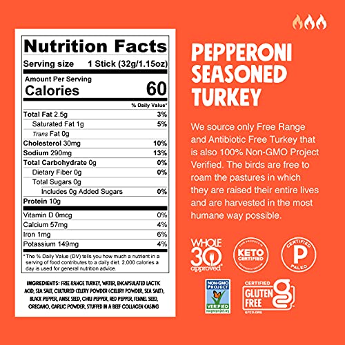 Chomps Free Range Pepperoni Turkey Jerky Meat Snack Sticks, Keto, Paleo, Whole30 Approved, Low Carb, High Protein, Sugar Free, Gluten Free, 60 Calories 1.15 Oz Sticks, Pepperoni Turkey 24 Pack #TOP2