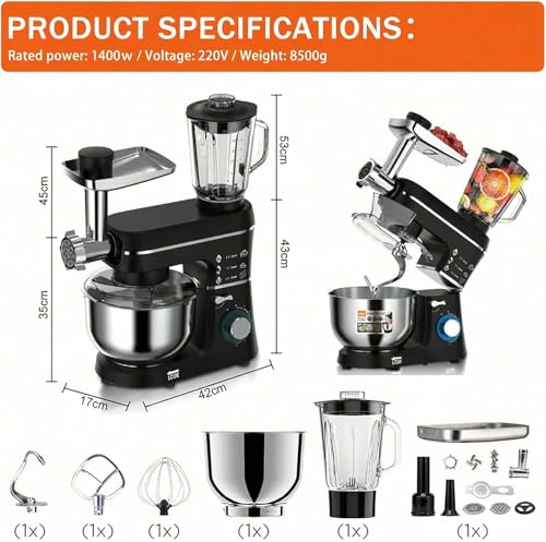 1400w Electric Stand Mixers for Baking Food Processor Blender Multifunctional 5 Speed Kitchen Mixer, 10l Stainless Steel Mixing Bowl, Removable Splash Guard, Whisk - Image 4