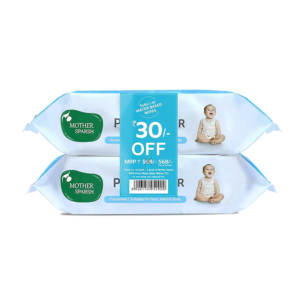 Mother Sparsh 99% Pure Water (Unscented) baby wipes I Natural Plant made cloth - Super thick I 72 pcs/pack - Pack of 2 (Super Saver Pack)