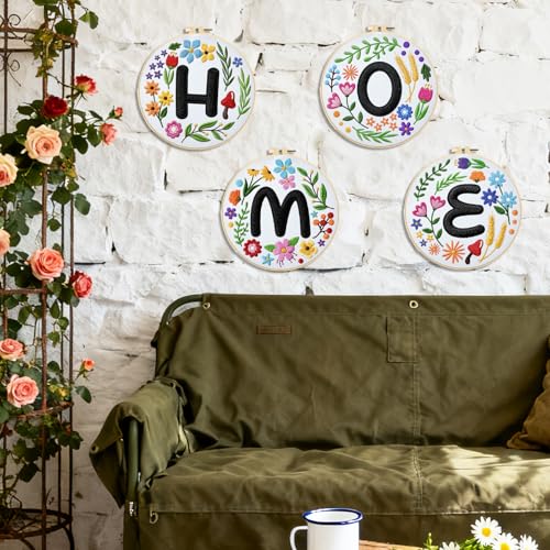 Image of BEUNITONE 4 Set Embroidery Kit for Beginners, DIY Home Theme Pre-Stamped Pattern Needlepoint Kits for Adults with Hoop and Instruction, Funny Hand Embroidery Patterns for Cloth and Home Decor