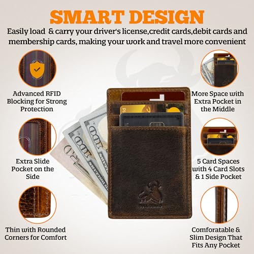 Slim Card Holder Wallet for Men with RFID Blocking, Thin Pocket Sized Carry Case with ID Window, Cash Pocket, Minimalist Design in Full Grain Leather, Ideal for Outdoors, Work or Travel Adventure4