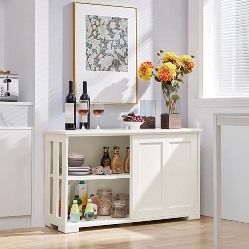 Yaheetech Credenza Mobile da Cucina Bianco Avorio con 2 Ante Scorrevoli Salvaspazio e Ripiano Regolabile in Legno Mobiletto TV da Salotto Soggiorno 106,7 x 33 x 63 cm - immagine 3