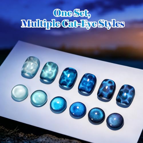 Image of Beetles Blue Cat Eye Gel Nail Polish Set - Blue Hour 6 Colors 15ML Full Size Glitter Gel Polish Kit Glass Cat Eye Magnetic Effect Soak Off UV Nail Art DIY Salon at Home Gift for Women