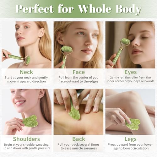 Gua Sha Jade Roller Set, Face Roller, Facial Massager Jade Stone Gua Sha Tool for Eye Puffiness Treatment, Skin Tightening, Rejuvenate Face Neck - Image 5
