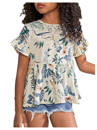 OYOANGLE Girl's Boho Floral Print Flounce Short Sleeve Ruffle Peplum Blouse Cute Babydoll Tops