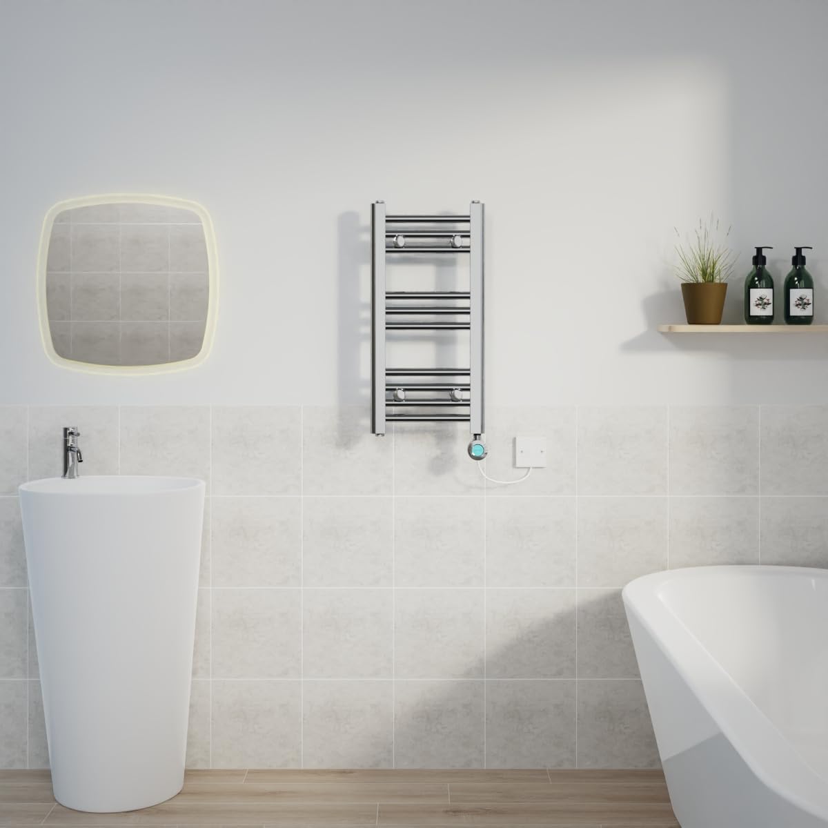 Warmehaus Chrome Prefilled Electric Thermostatic Heated Towel Rail Bathroom Ladder Radiator Straight With 200W Lcd Display Timer Electric Heating Element 600X300mm