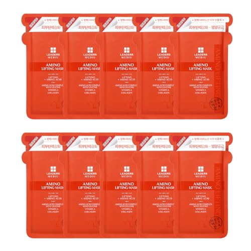 Leaders Mediu Amino Firming & Lifting Facial Sheet Mask | Amino Acid Complex, Vitamin A, Collagen | Reduces Fine Lines, Improves Elasticity, for All Skin Types (10 Sheets)