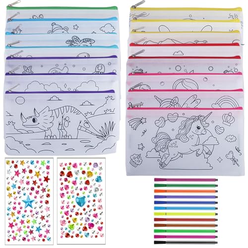15 Stück Kindergeburtstag Gastgeschenke, Bastelset Kindergeburtstag mit DIY Federmäppchen zum Bemalen, Kleine Geschenke für Kinder mit 12 Buntstiften und 2 Acrylstickern für Kreativität und Spaß