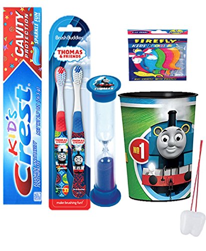 Thomas The Train Inspired 5pcs Bright Smile Oral Hygiene Bundle! Thomas & Friends 2pk Soft Manual Toothbrush, Toothpaste, Timer & Mouthwash Rinse Cup! Plus Flossers and Tooth Necklace