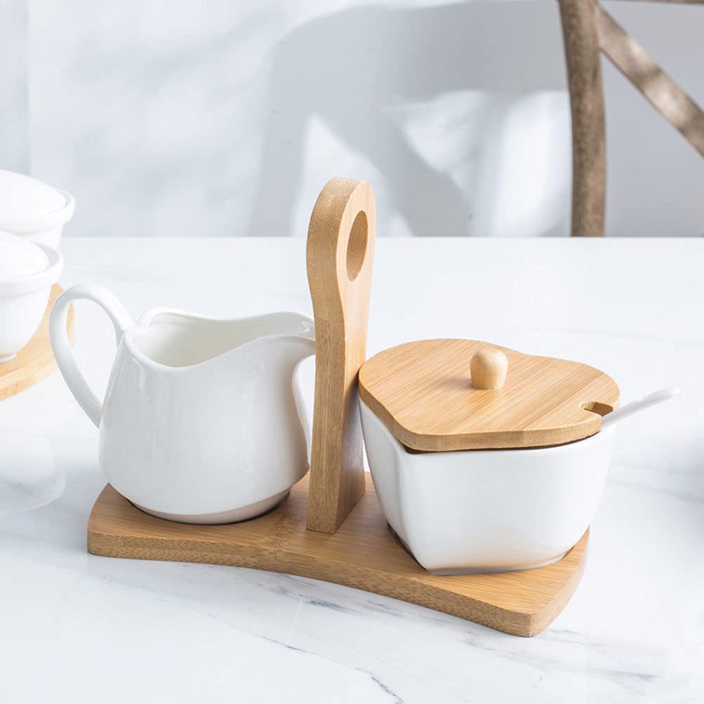 BESTonZON Schüssel Und Creamer Set mit Deckel Löffel Keramik Creamer Topf Mini Kaffee Milch Porzellan Serving Pitcher Sauce Sauciere Schüssel 1 Set