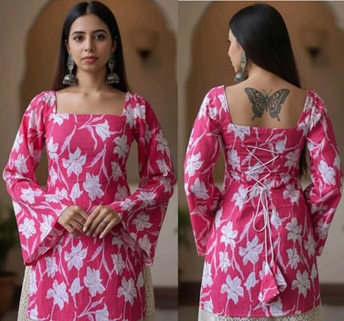 Image of MAHIRA'S Women's Short Kurti, Black Rayon Tunic Top with Embroidered Sleeves, 3 /4 Designer Sleeves