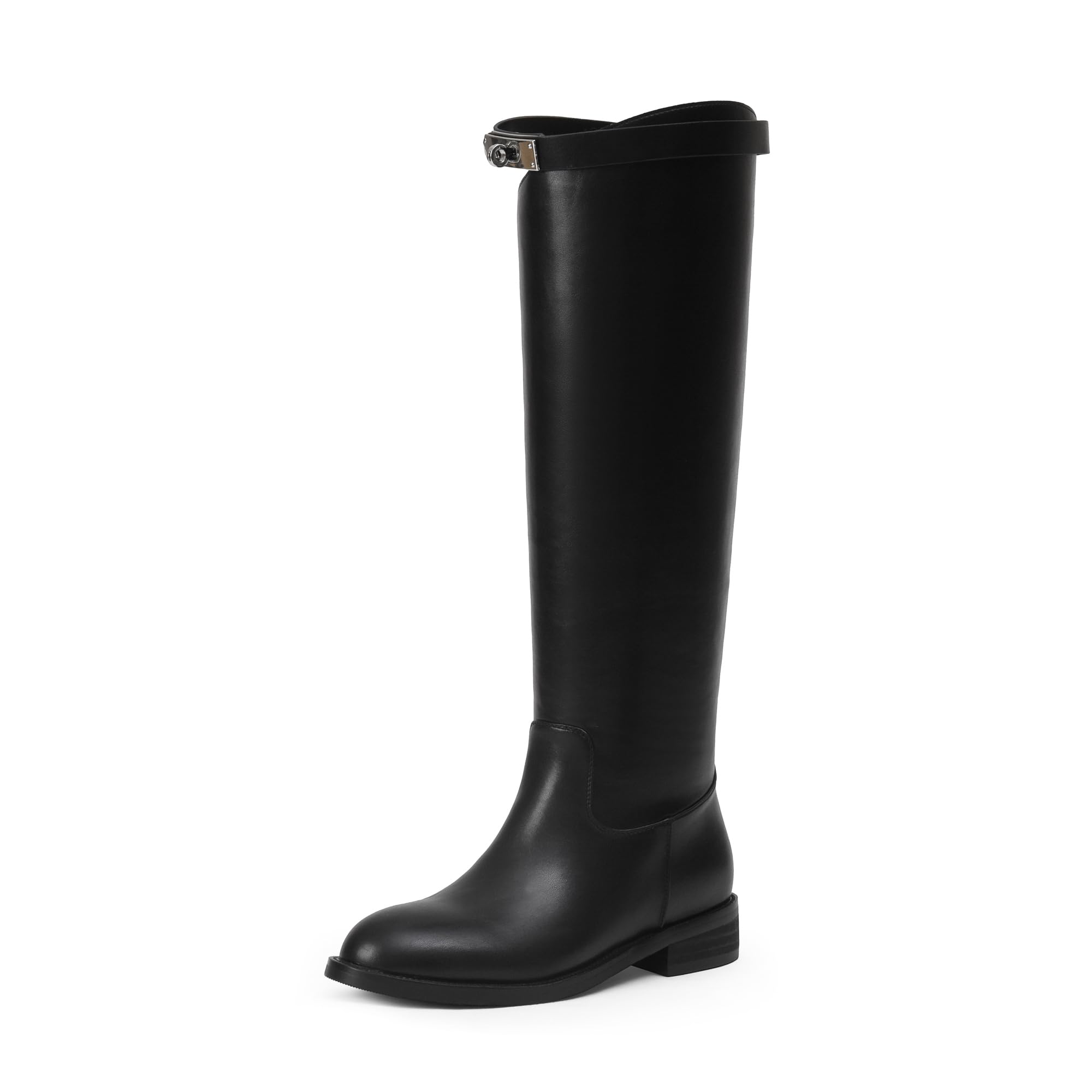 iiimmu Riding Boots for Women Silver Buckle Womens Knee High Boots Round Toe Faux Leather Motorcycle Style
