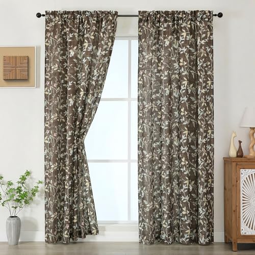 Image of Chyhomenyc Light Filtering 84 Inch Window Curtains - Linen Blend Floral Printed Curtains Drapes for Living Room, Soft Farmhouse Curtain for Bedroom, 52Wx84L Inch, 2 Panels, Chocolate