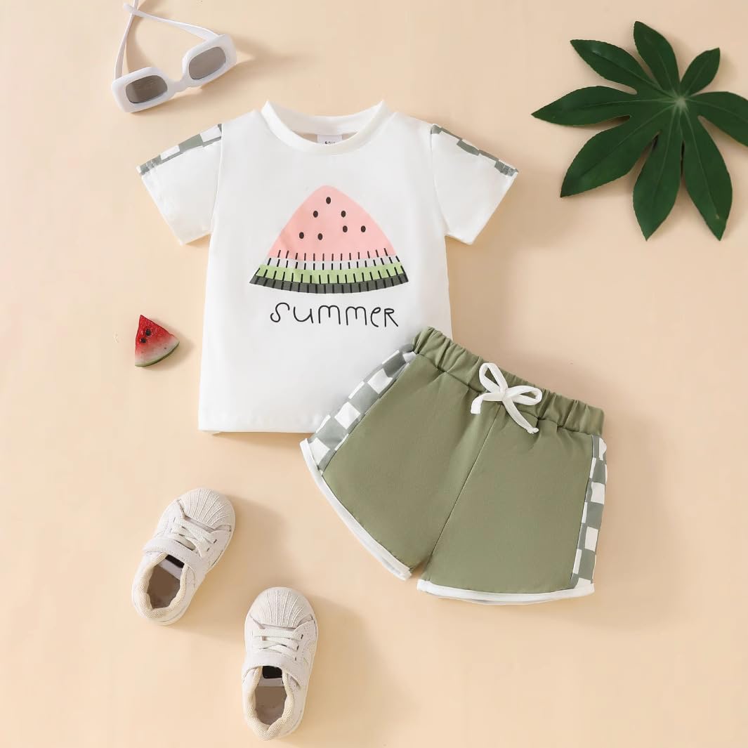 Adokioths Toddler Baby Girls Summer Outfits Watermelon T-shirt +Plaid Shorts Set Cute Baby Girl Clothes (12-18 Months,Green)