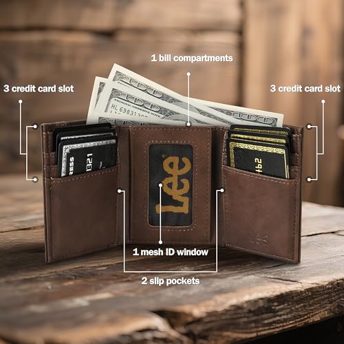 Lee Men’s Trifold Wallet, Pebble Grain Leather Wallet with Flip ID Window3