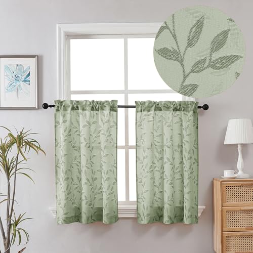 Chyhomenyc Mila Sage Green Kitchen Curtains 36 Inch Length Tiers, Semi Sheer Leaf Jacquard Textured Small Cafe, Light Filtering Short Window for Bathroom, 30Wx36L, 2PCS