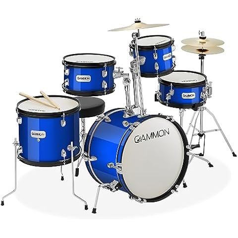 Gammon Percussion 5-Piece Junior Starter Drum Kit with Cymbals, Hardware, Sticks, & Throne - Blue Cover