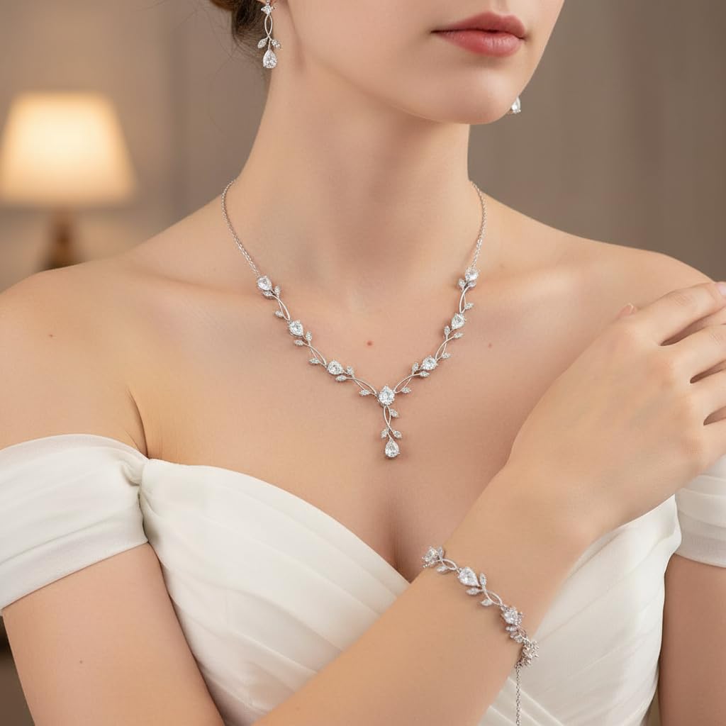 EVER FAITH Hochzeit Schmuckset für Braut Brautjungfer Teardrop Cubic Zirkonia Blatt Rebe Braut Prom Halskette baumeln Ohrringe Armband Set für Damen