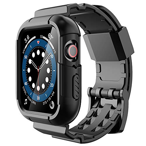 Simpeak (Fit for 44mm and 42mm) Rugged Band Compatible with Apple Watch Series 6/SE/5/4/3/2/1 , Rugged Sport Band Strap with Full Protection Case Replacement for Apple Watch 42mm/44mm, Black