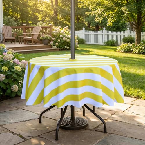 Image of EHouseHome Outdoor and Indoor 70inch Round Tablecloth with Umbrella Hole and Zipper, Waterproof Zippered Patio Cloths, Spring /Summer Table Covers for Backyard Circular Table /BBQs /Picnic