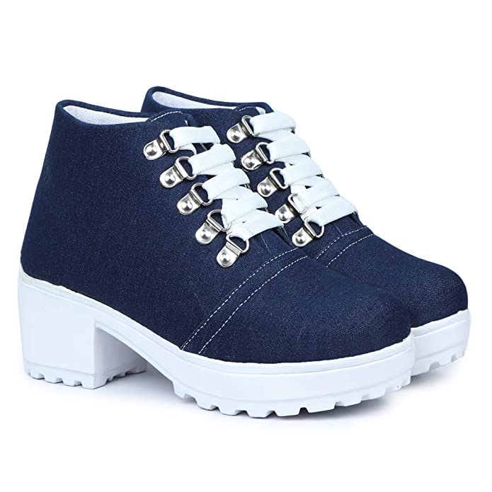 Premium Denim Heel Boots for Women | Stylish Lace-Up Boots with Metal Embellishments-image-3