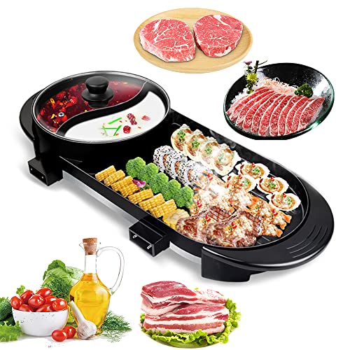 Electric Grill Hot Pot 2 in 1, Indoor Smokeless Grill Teppanyaki Grill w/ Non Stick Pan Shabu Shabu with Black