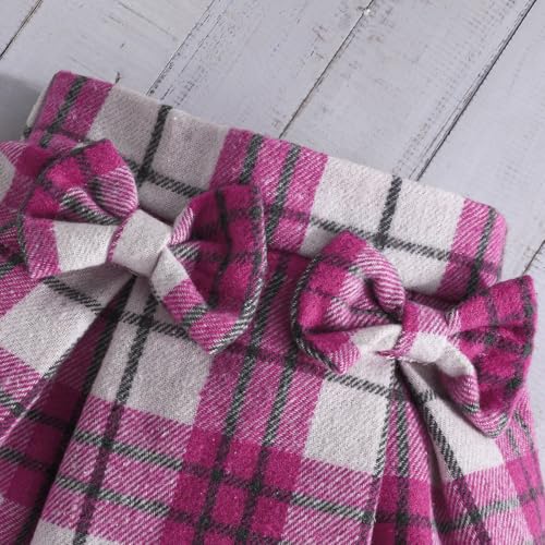 Image of Noubeau Toddler Girls Plaid Outfits Girls Puff Sleeve Knit Ribbed Shirt Tops Plaid Skirt Set Kids Fall Winter Clothes