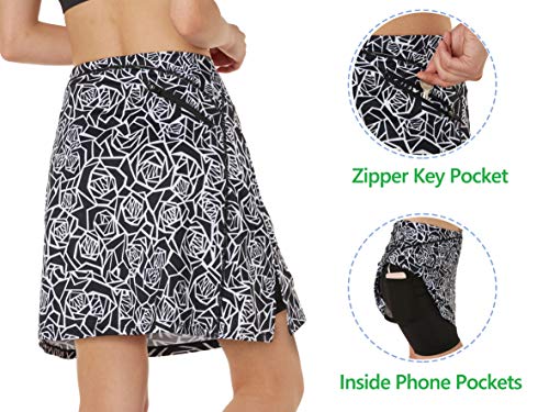 slimour Women Print Golf Skirt Travel Skirts with Pocket Swim Skirt High Waist with Shorts Black Rose M - Thumbnail 4