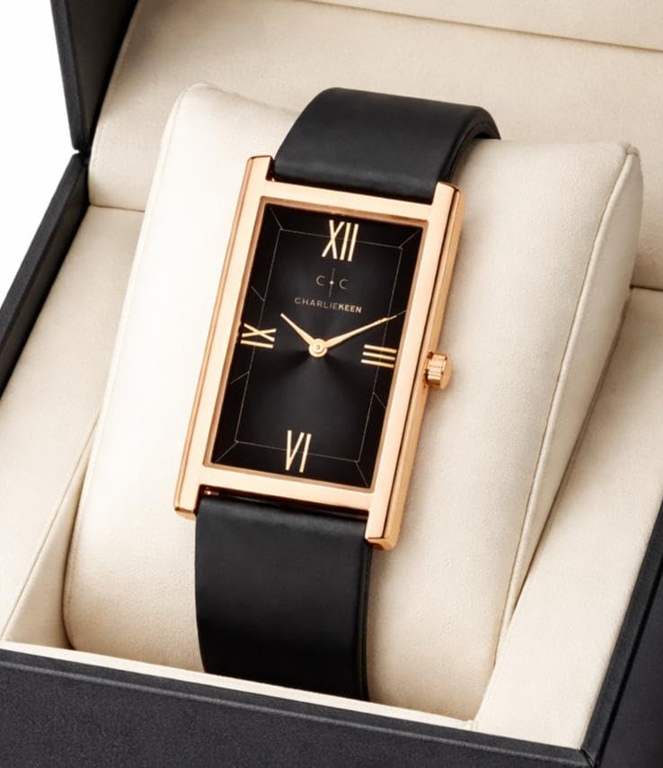 Image of CHARLIEKEEN Rectangular Wristwatch, Black Dial with Rose Gold Roman Numerals, Silicone Strap, Elegant Style