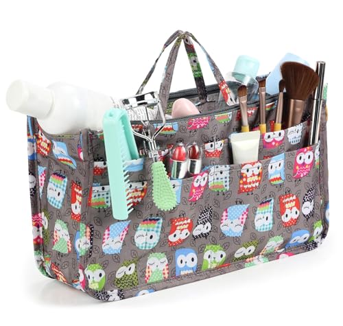 Cosmetic Bag for Women Cute Printing 14 Pockets Expandable Makeup Organizer Purse with Handles (Owl)