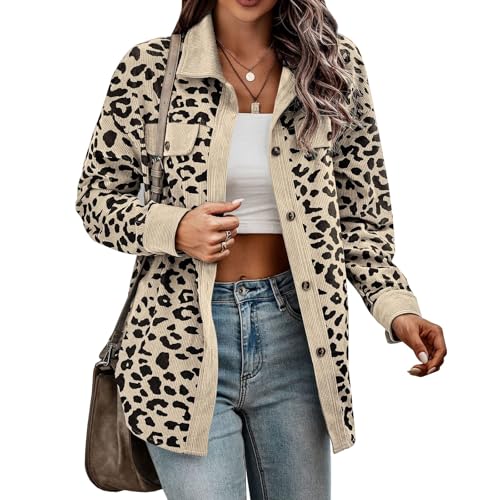 Womens Corduroy Shacket Jacket Casual Leopard Print Button Down Long Sleeve Shirt Jackets 2025 Fall Outfitsll Coats2