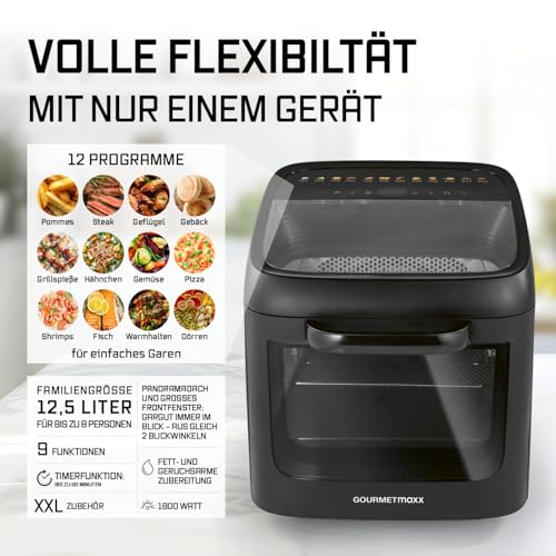 GOURMETmaxx Heißluftofen mit Panoramadach & Frontfenster 12,5 L | Heißluftfritteuse mit 9 Funktionen | Airfryer, Fritteuse & Minibackofen in 1 | für max. 8 Personen | Heißluftfritteuse mit Farb-Icons 2