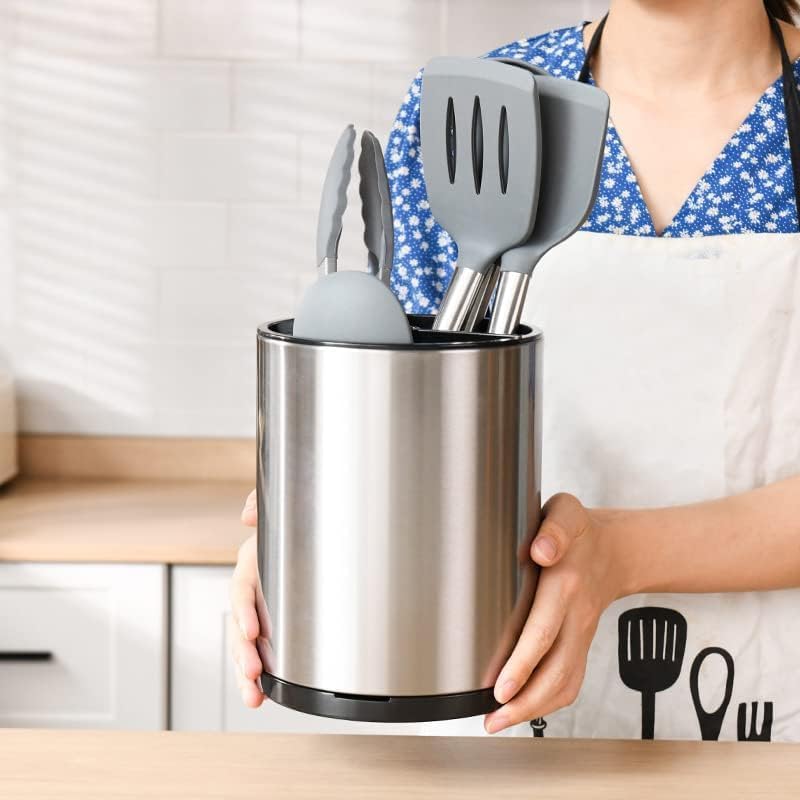 Image of 360 Rotating Stainless Steel Utensil Holder for Kitchen Counter Stainless Steel Spoon, Spatula & Cutlery Organizer 3-Compartment Caddy Kitchen Countertop Storage Rack with Drainage