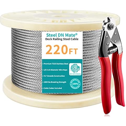 Steel DN Mate 220 Feet T316 1/8 Stainless Steel Cable, Aircraft Wire Rope for Cable Railing Kit, Stair Railing, 7x7 Strands, 1800 lb Breaking Strength, Deck Railing Wire with Cutter, Marine Grade DW22 Cover