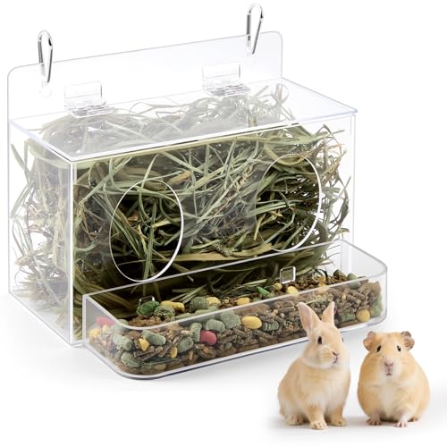 Honeydak Acrylic Rabbit Hay Feeder with Lid, Two in One Hanging Guinea Pig Hay Feeder with Hook Food Dispenser Bin for Bunny, Guinea Pig, Chinchilla