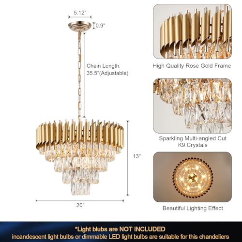 Image of Modern Crystal Chandeliers Gold 20'' Crystal Ceiling Pendant Light 4 Tiers