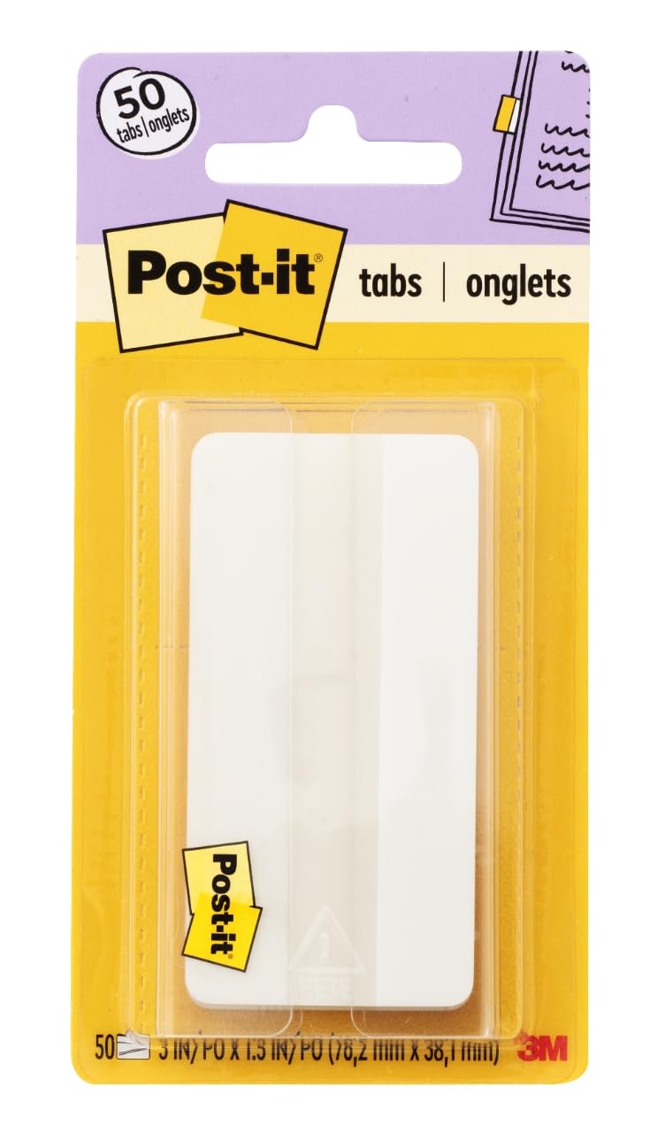 Post-it Tabs, 3 in, Solid, White, 25 Tabs/On-The-Go Dispenser, 2 Dispensers/Pack (686F-50WH3IN)