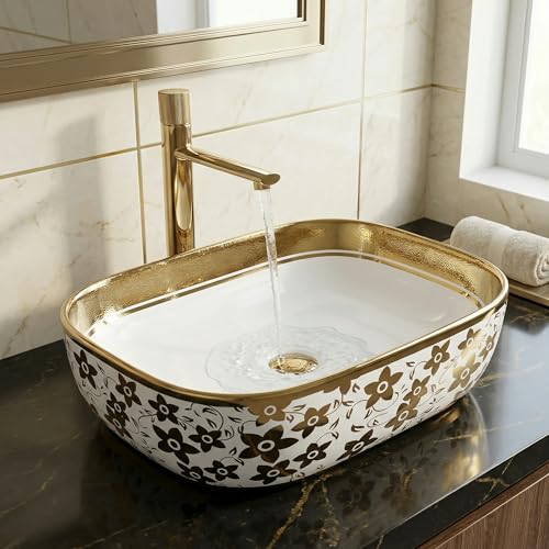 Image of InArt Tabletop Ceramic Wash Basin /Sink in White-Gold Color Bathroom